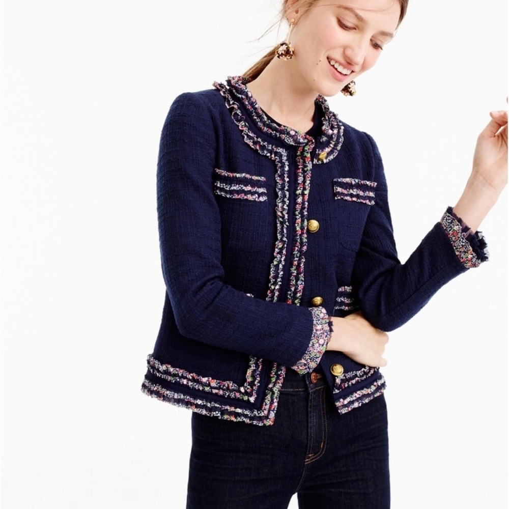 J.Crew Navy Blue Tweed Lady Jacket Blazer Liberty Floral Trim Size 2